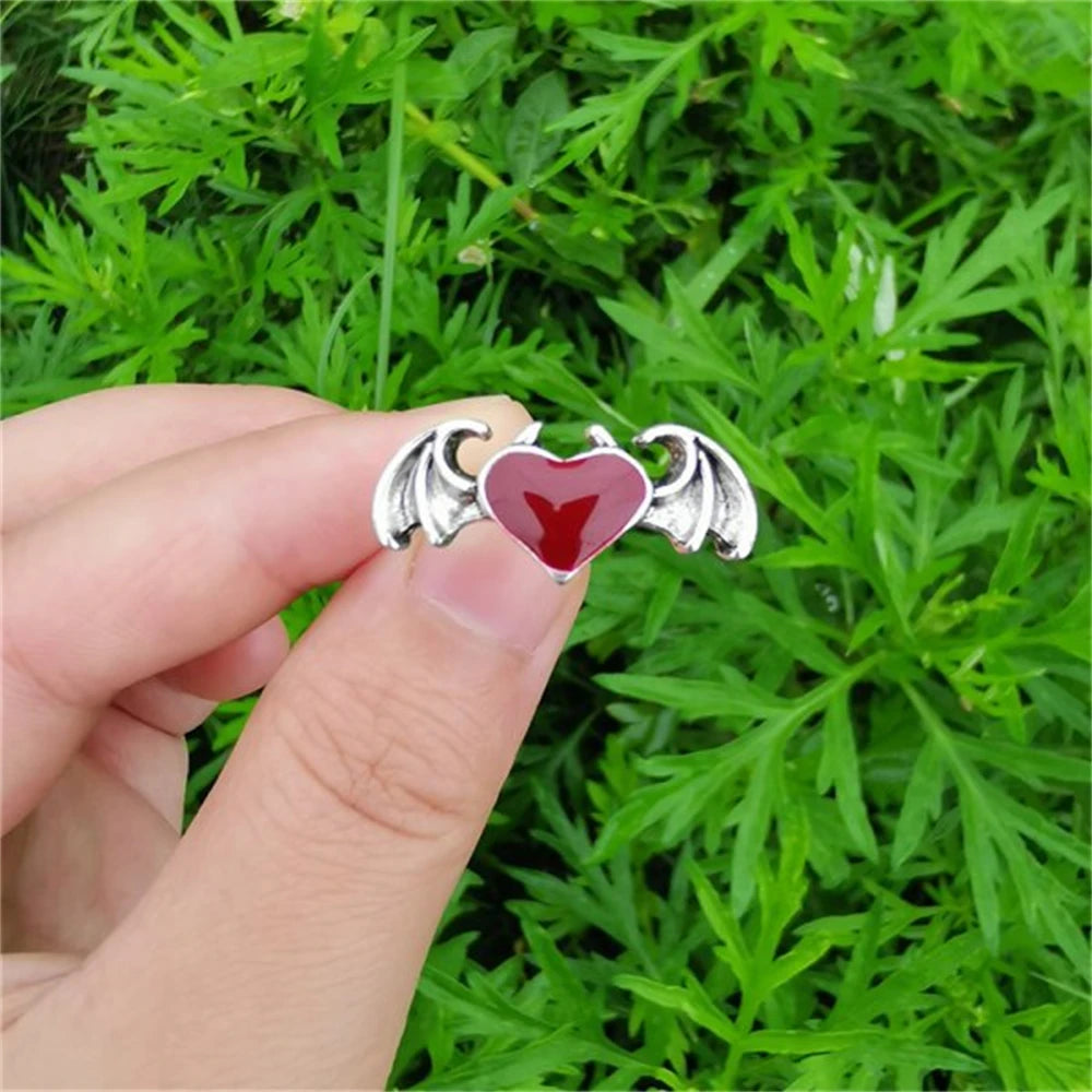 Retro Angel Demon Wings Black Heart Rings Fashion Goth Moonstone Open Finger Ring For Women Men Romantic Aesthetic Jewelry Gifts