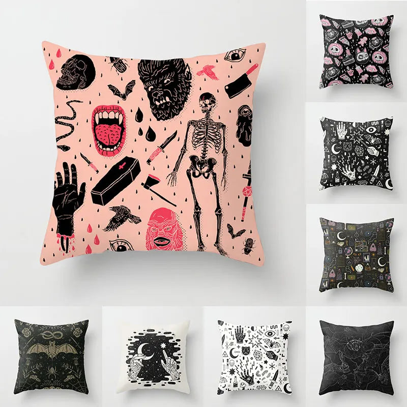 Halloween Bat Pumpkin Skull Print Pattern Cushion Cover – 45*45cm Home Living Room Sofa Decoration Pillow