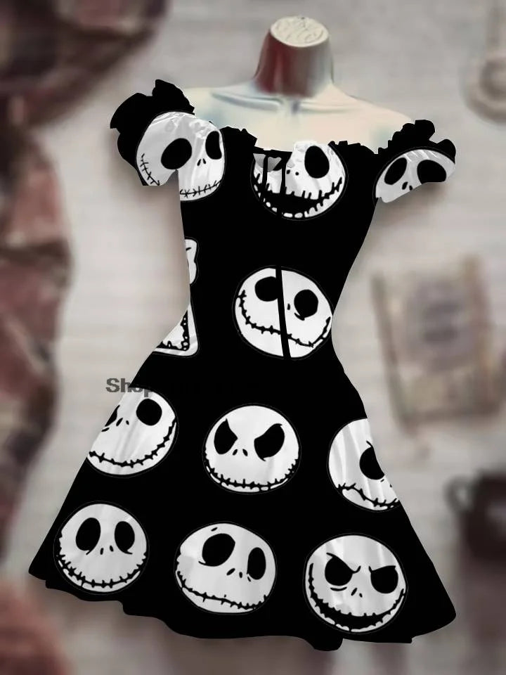 Horror One Piece Halloween Black Costume Long Dress Hawaiian Bohemian Dress Rose Skull Night Clothing Holiday Party Outfit