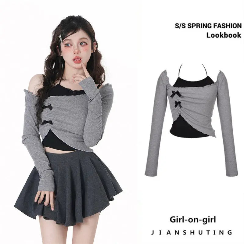 Y2K Grey Two-Piece Set - Spicy Girl Top with Slim Sexy Hot-Sweet Women's Short Shirt, Off-Shoulder Long-Sleeved T-shirt with Hanging Neck Bow