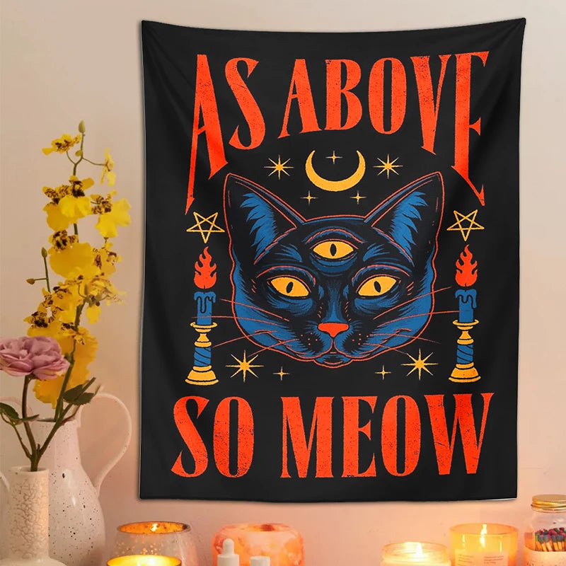 Cat Tarot Tapestry | Witchcraft Cat Wall Hanging | Psychedelic Boho Room Decoration