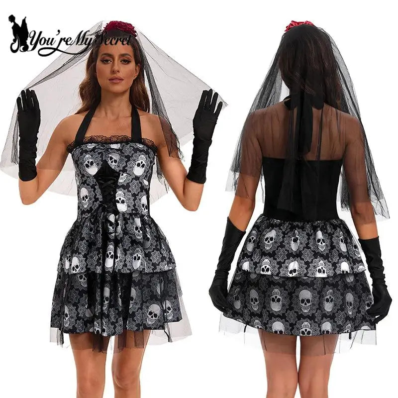 [You're My Secret] Halloween Ghost Bride Cosplay Costume – 3D Printed Skull Slip Dress with Veil Set for Parties