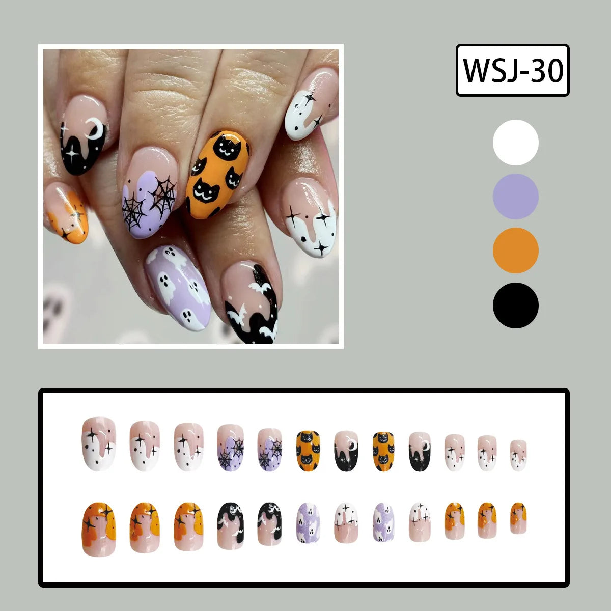 24pcs Cartoon Spider Bat Fake Nails Short Rounds False Nails for Women Girl Wearable Halloween DIY Manicure Press on Nail Tips