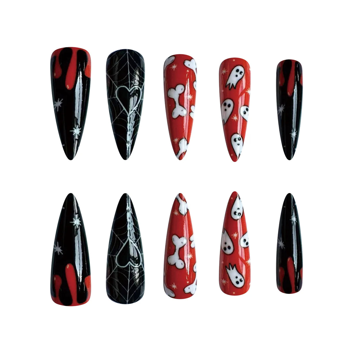 Halloween Long Pointed Nail Stickers White Bone Decor Long Stiletto False Nails Tips Spider Web Ghost Design Fake Nails Press On