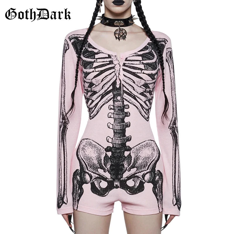 Goth Dark Skull Print Long Sleeve Playsuit – Gothic Button-Up Romper, Y2K Techwear Halloween Cosplay for Women