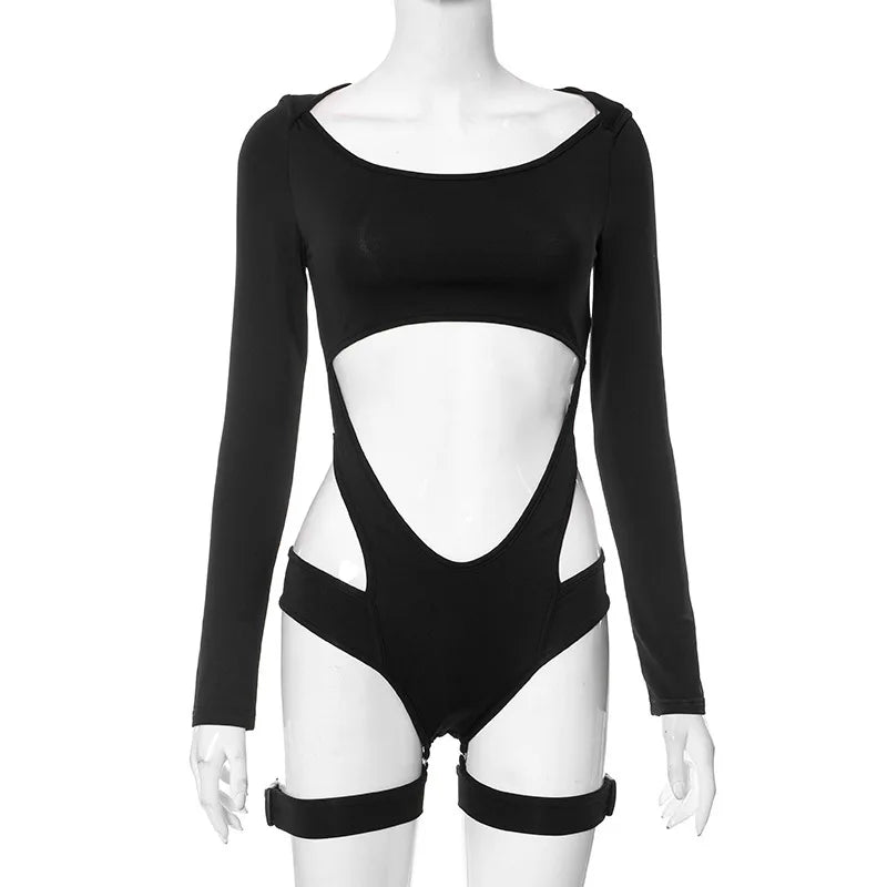 Goth Dark Hollow Out Long Sleeve Skinny Bodysuits Hotsweet Zip High Collar Streetwear Mall Gothic Black Tops Women Sexy Bodysuit