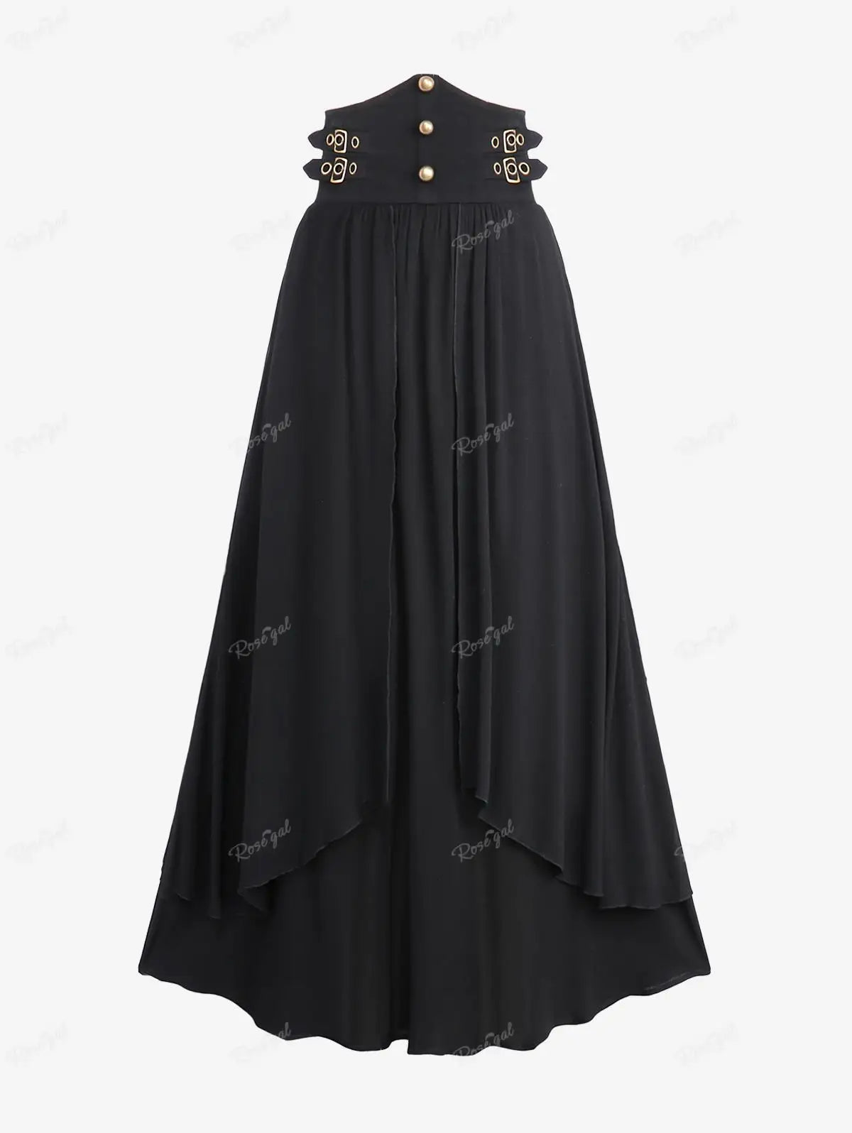 ROSEGAL Plus-Size Gothic Black Strap Buckle Grommet Rivet Skirt - Layered Ruched Ankle-Length A-Line Skirt