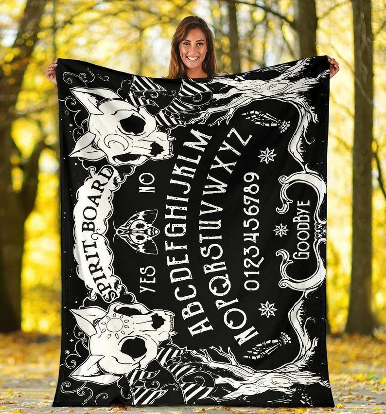 Cat Skulls Ouija Board Throw Blanket | Witchy Premium Gothic Home Decor | Halloween Witchcraft Blanket