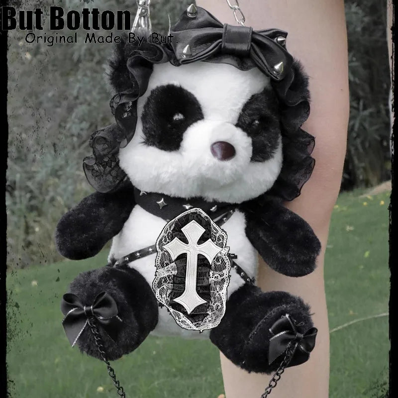 Lolita Goth Panda With Bats And Bows Soft Plush And Lace Accent Novelty Crossbody Handbag