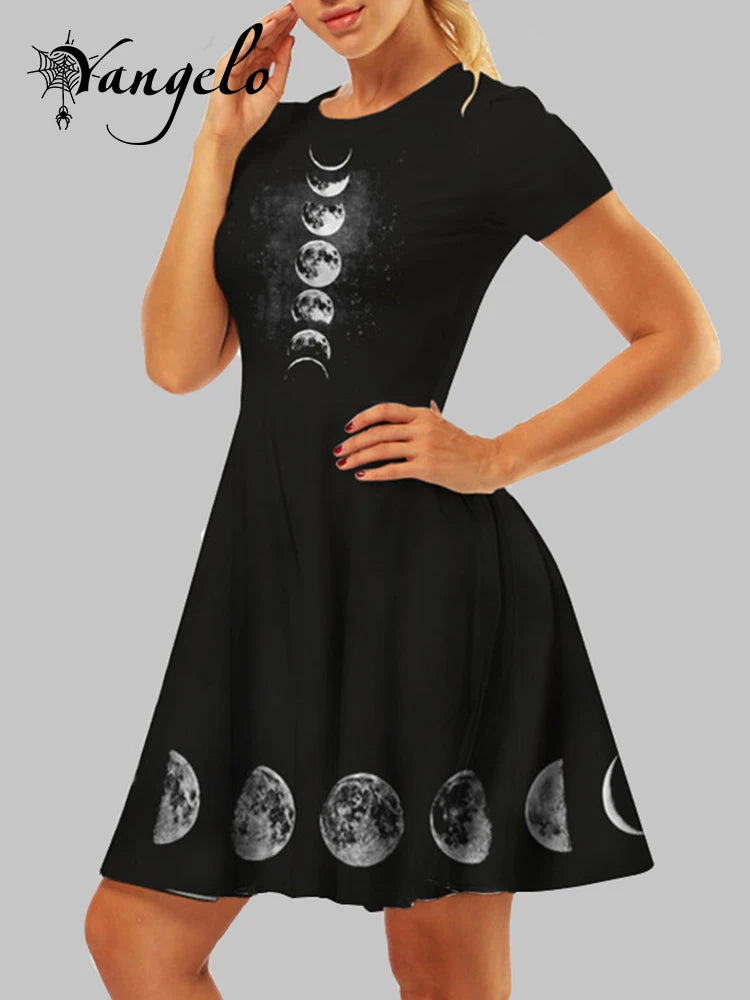 Black Dresses Women Fashion Gothic 3D Moon Phase Printed Short Sleeve A-Line Dress Harajuku Mini Dress