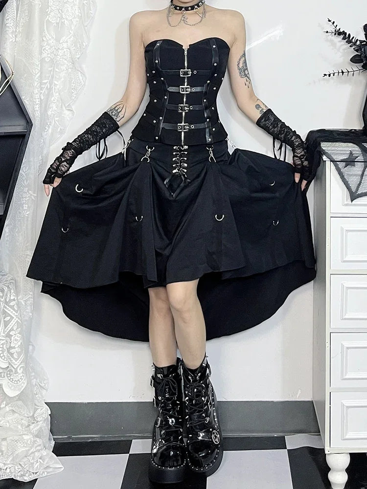 AltGoth Streetwear Gothic Skirt for Women, Harajuku Emo Alternative Grunge High Waist Bandage A-line Y2K E-girl Indie Clothes