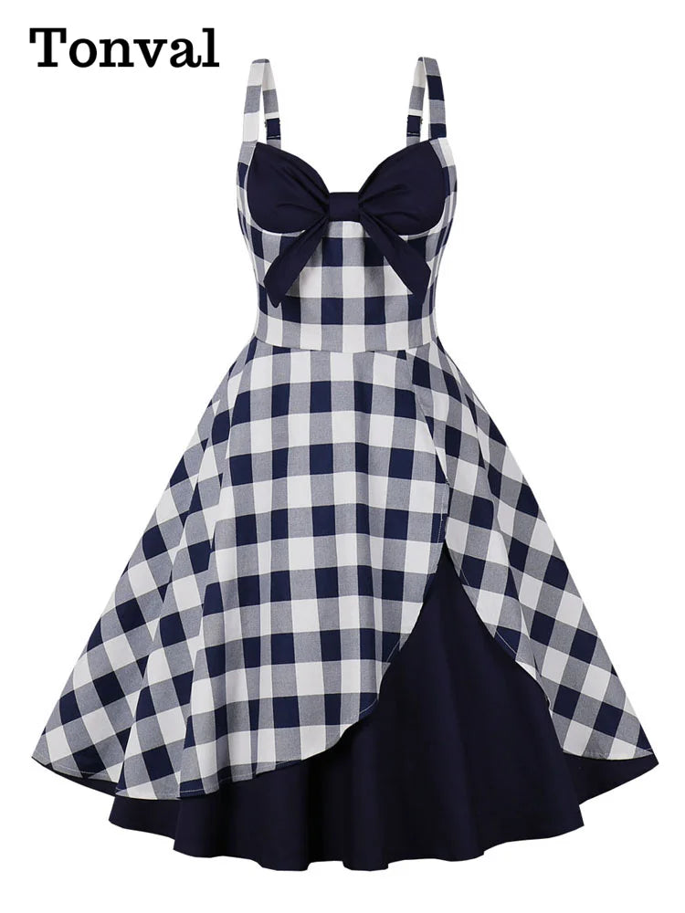 Tonval V-Neck Bow Front Gingham and Navy 50s Rockabilly Dresses 95% Cotton for Women Spaghetti Strap Summer Cocktail Party Dress