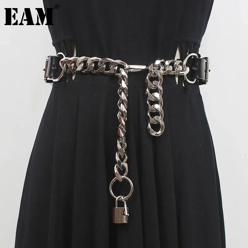 [EAM] PU Leather Black Metal Chain Long Wide Belt Women’s Fashion All-match Spring Autumn 2024