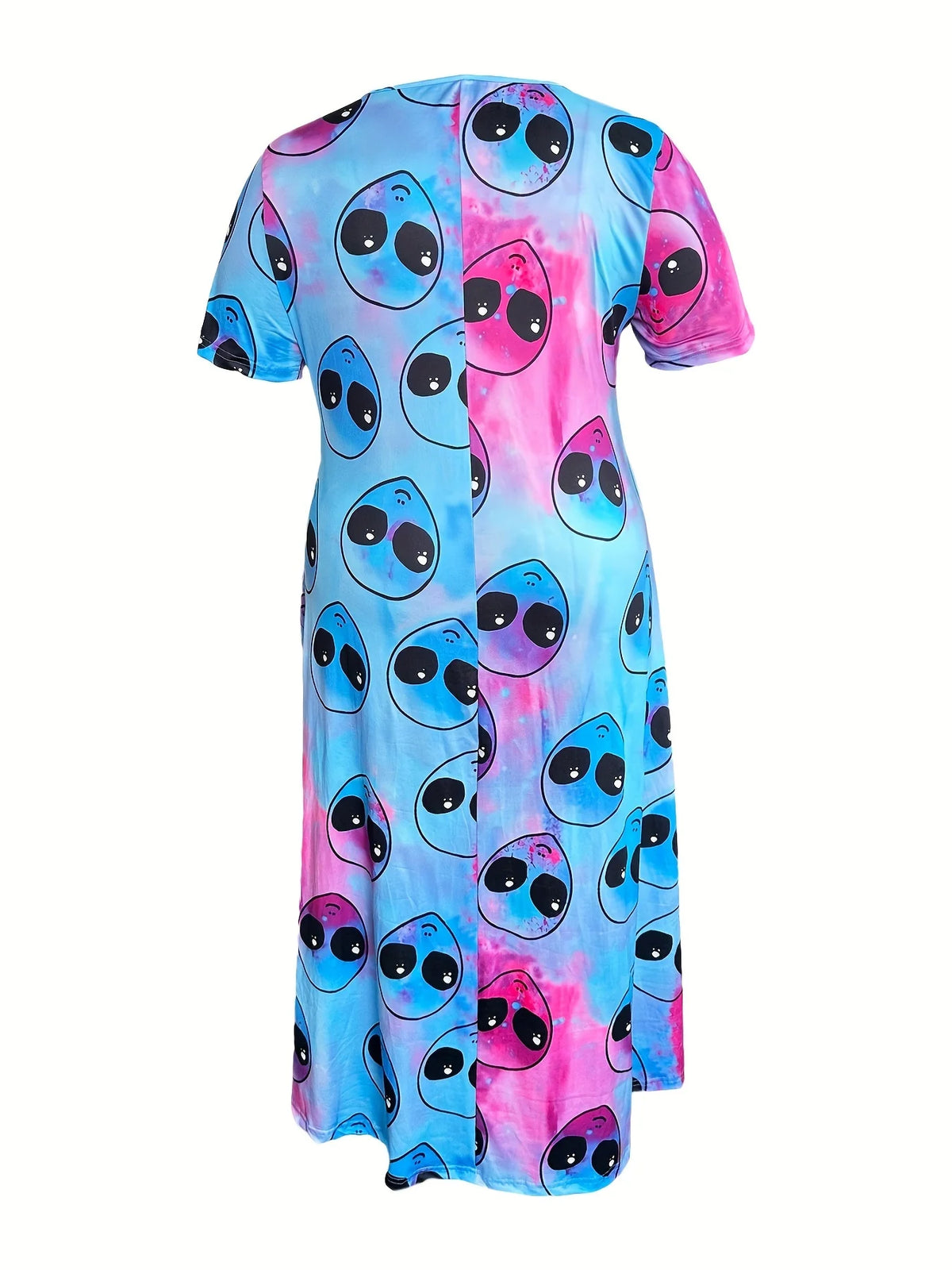 Plus Size Loose Summer Trendy Goth Alien Print V-Neck Short-Sleeved Dress