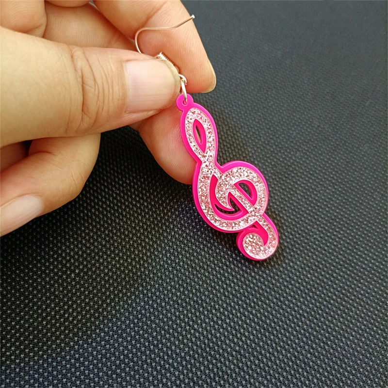 Pink Treble Clef Dangle Earrings - Glitter Acrylic, Cute Classic Fashion Jewelry Accessories by KUGUYS