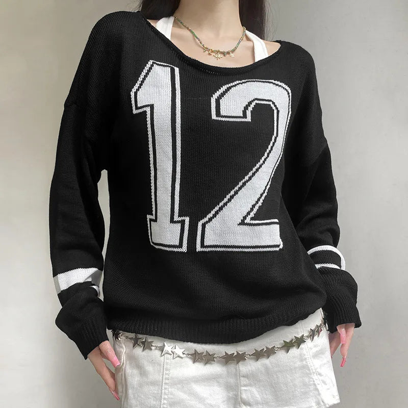 Goth Dark Acubi Fashion Autumn Winter Knitwear Women Casual Print Long Sleeve Pullover Sweater