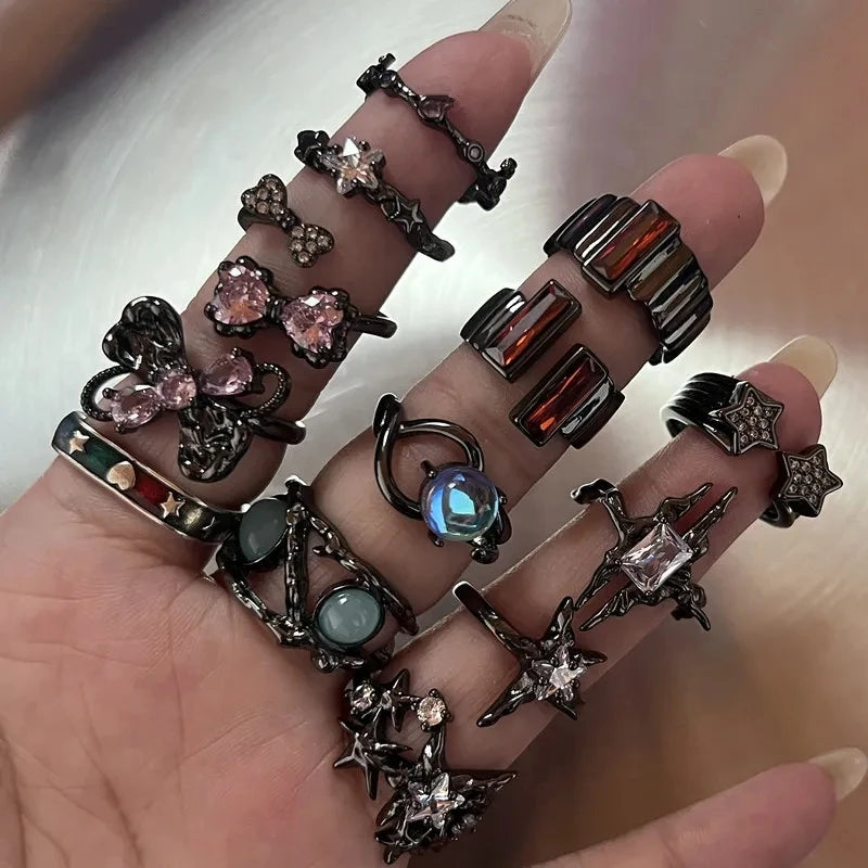 Fashion Gothic Animal Black Zircon Rings Y2K Star Crystal Opal Ring Goth Spider Butterfly Rings for Women Girl Aesthetic Jewelry