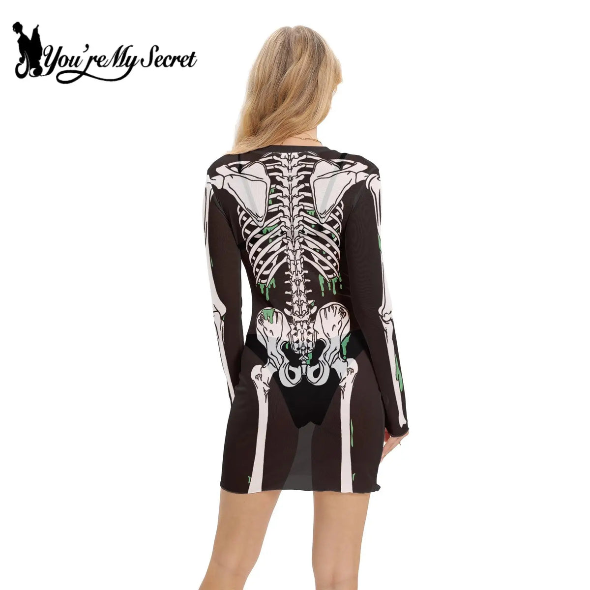 [You're My Secret] Women's Sheer Mesh Mini Dress Skeleton 3D Printing Sexy Smoky Dress Female Sexy Skirt Halloween Party Dress