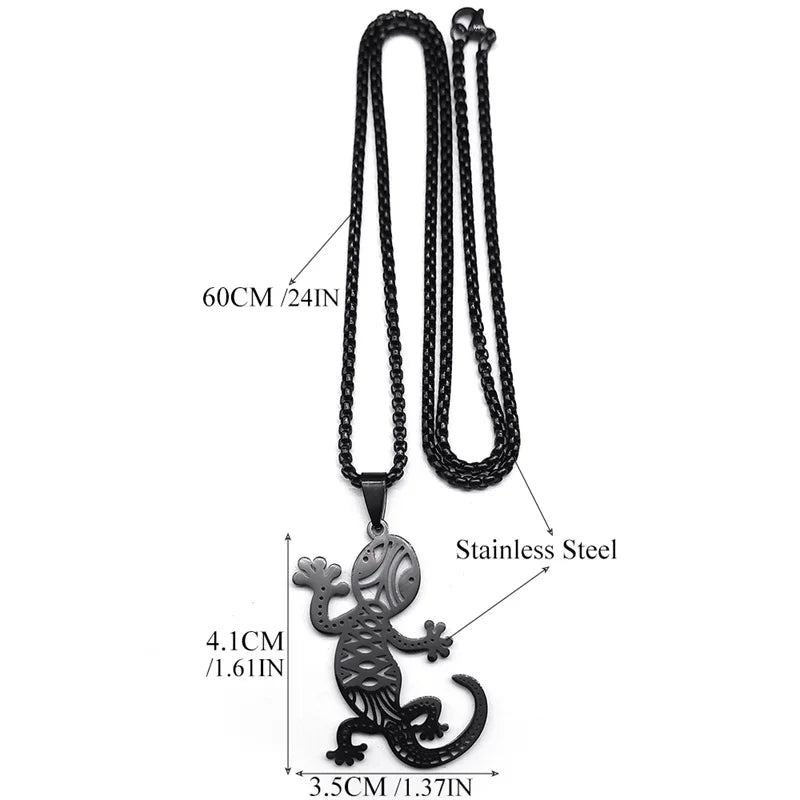 Gothic Lizard Gecko Pendant Necklace – Black Stainless Steel Animal Chain for Women and Men