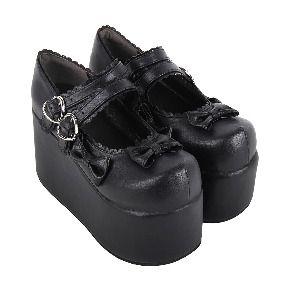 Women’s and Girls’ Lolita Punk Rock High Platform Mary Jane Shoes - Heart Buckle Straps with Bow Toe Accents