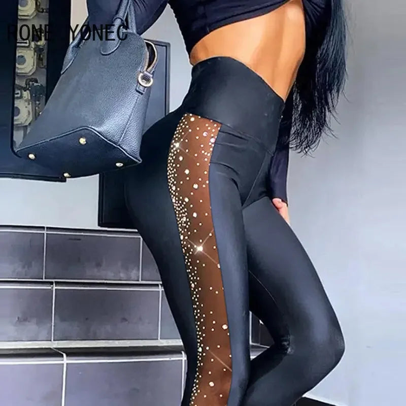 Women Chic High-Waist Black Pencil Pants with Mesh Patchwork and Rhinestone Detail – Spring & Autumn