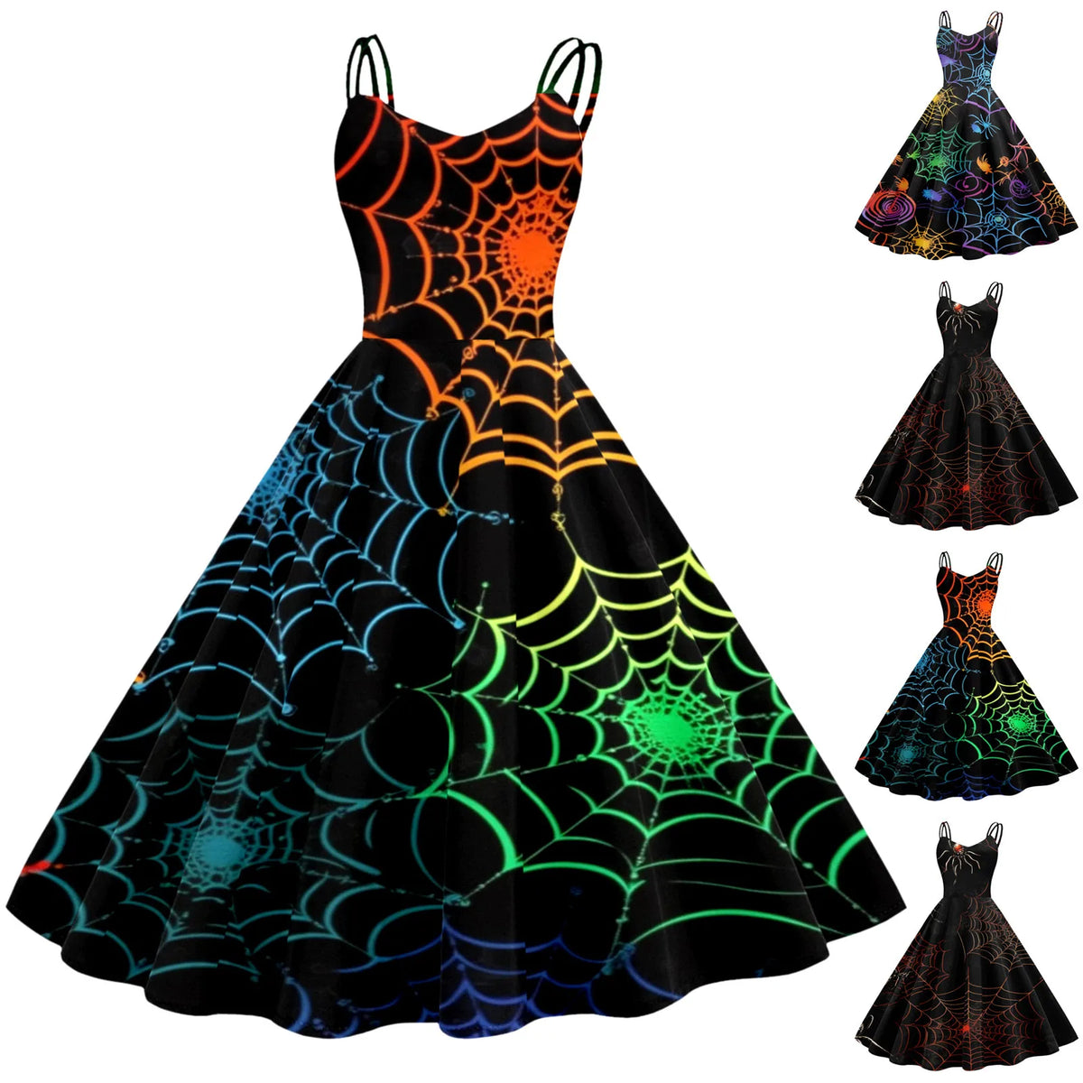 Retro Halloween Dress Women Spaghetti Strap 50S 60S Vintage Party Dresses Spider Web Witch Scary Holloween Cosplay Costumes Robe