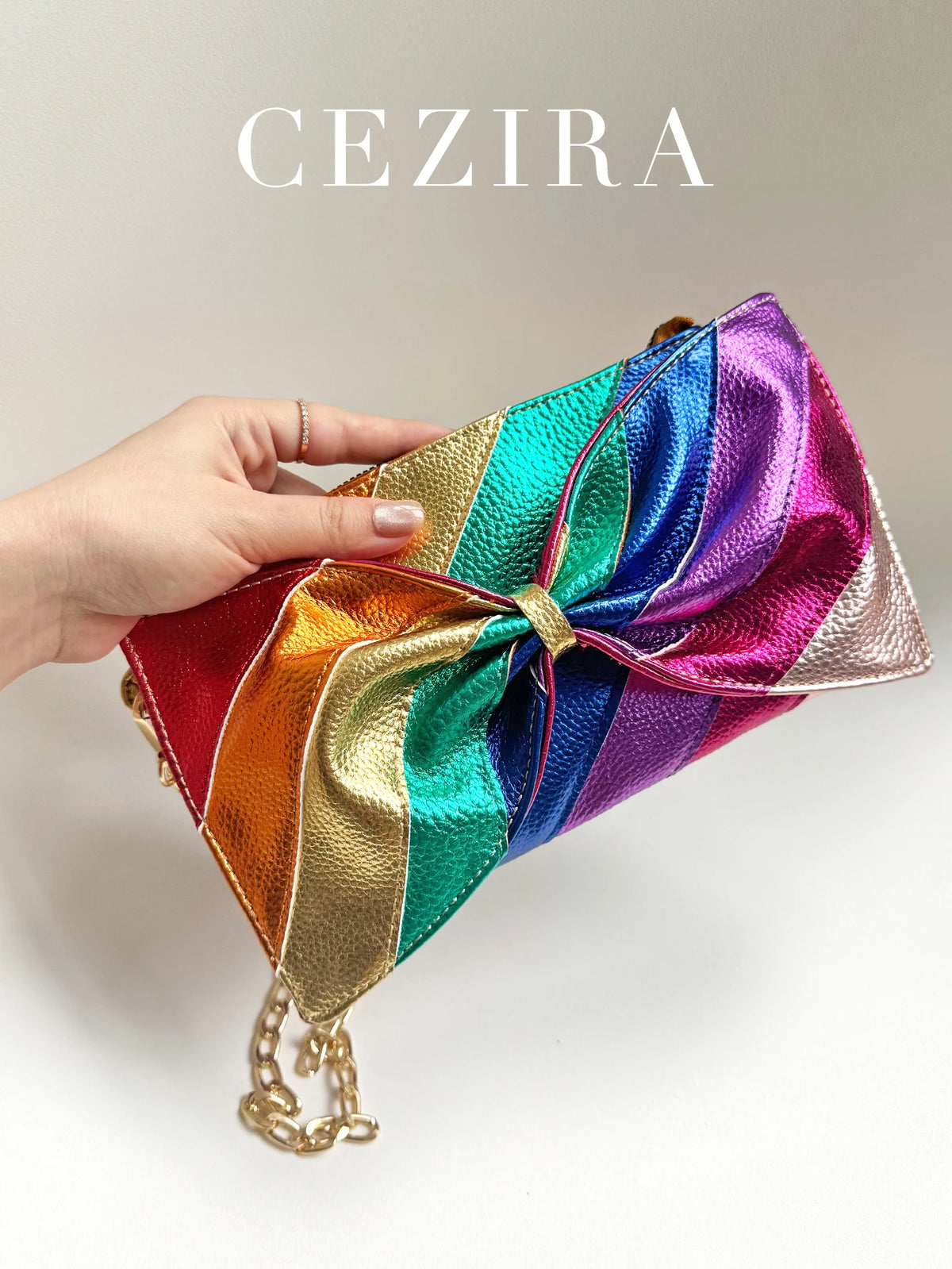 Luxury Metallic Vegan Leather Handbag - Colorful Stripes Patchwork PU Bow Knot Clutch with Chain, Funky Y2K Style