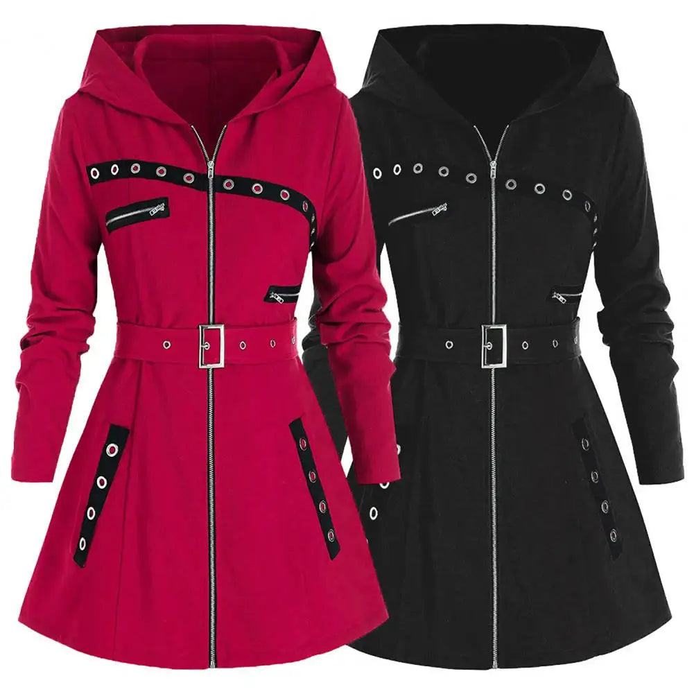 Stylish Coat Gothic Women Winter Coat Pocket Punk Style A-line Autumn Coat  Thermal