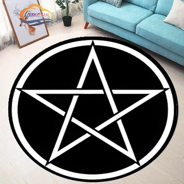 Pentacle Symbol Rug, Pentagram Patterned Round Carpet, Satan  Devil's Trap, White  on Black Supernatural Carpet