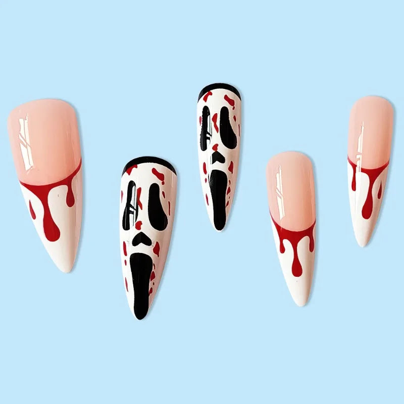 24 Pcs/Set Screaming Ghost Face Halloween Wearable False Nails Press on Nails Art Long Ballet Full Cover Almond Fake Nail Tips