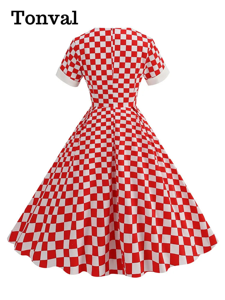 Tonval Red and White Plaid Rockabilly 50s Retro Dress Sweetheart Neck Women Summer Ruched Front Vintage Cotton Long Dresses