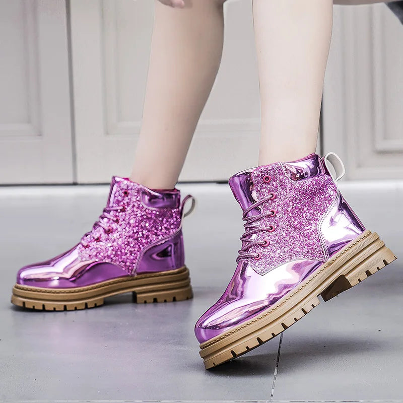 Luxury Pink Winter Boots for Women | Designer Ankle Boots with Trendy Platform | Glitter Patent Leather Shoes