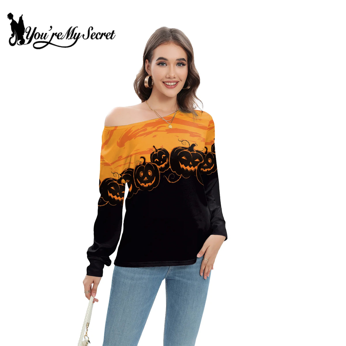 [You're My Secret] Women Slant Shoulder Long sleeve Vintage Crewneck Pullover Top Halloween Skull Printed Sweatshirt Streetwear