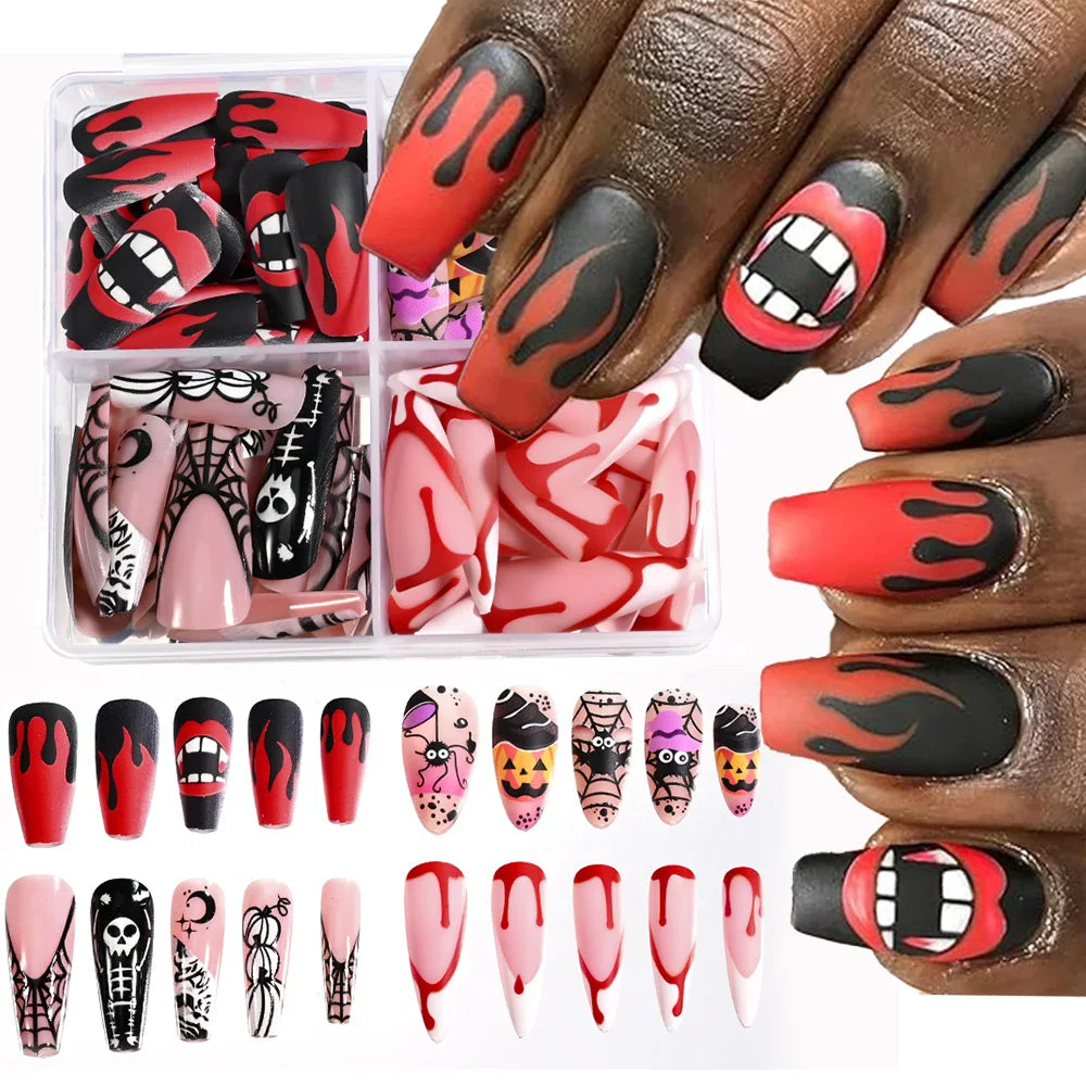 96Pcs Halloween Horror Press-On Nails – Flame Design Medium Coffin Matte Red Full Cover Acrylic Fake Nail Tips