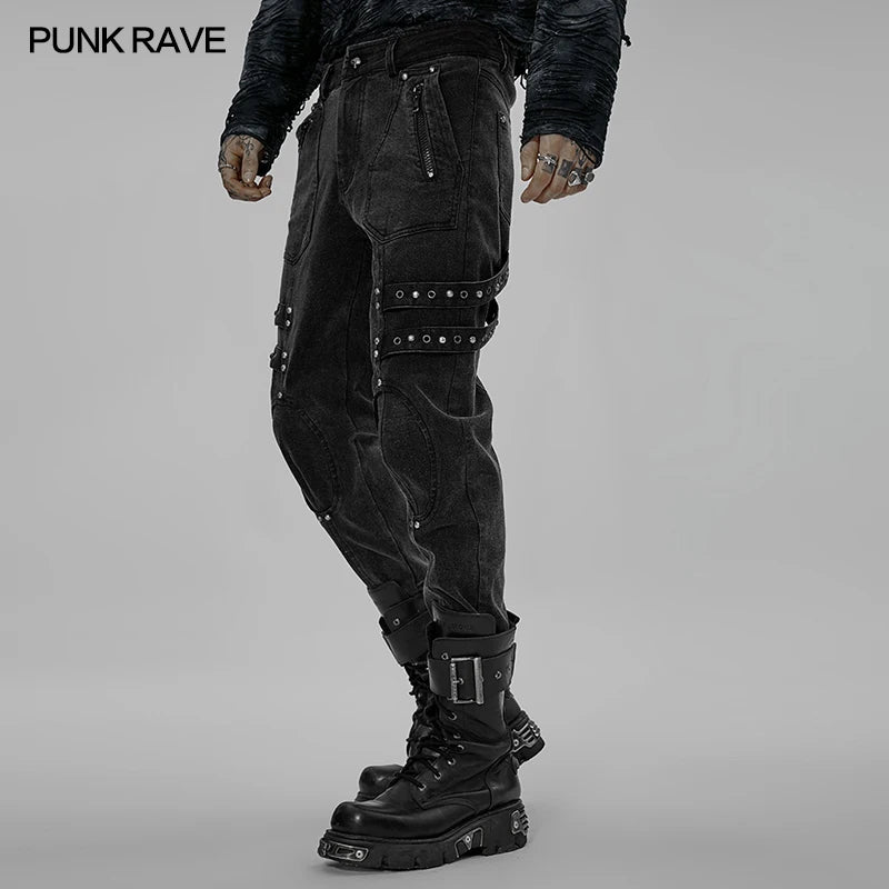 PUNK RAVE Men's Post-apocalyptic Style Micro Elastic Twill Denim Pants Punk Pockets Loops & Eyelets Decorate Black Trousers