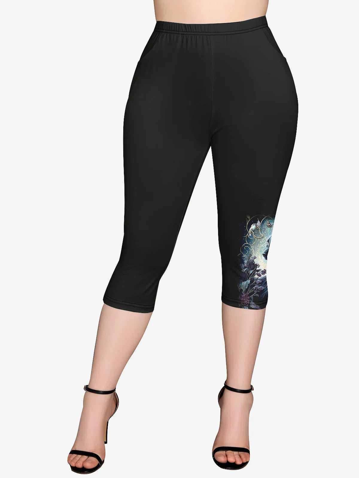 Plus Size Printed T-shirt or Pockets Capri Leggings: Women's Cat Flower Butterfly Casual Tee or Cropped Leggings XS-6X