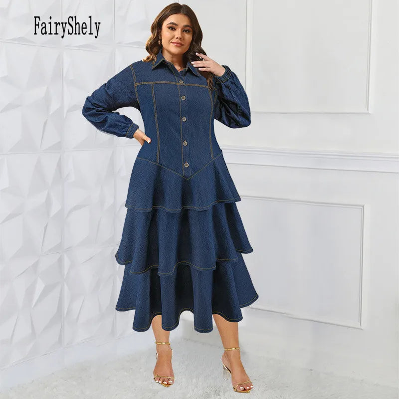 2024 Winter Plus Size Denim Midi Dress for Women – Long Sleeve, Button-Up, Tiered Ruffle Design with Turn-Down Collar