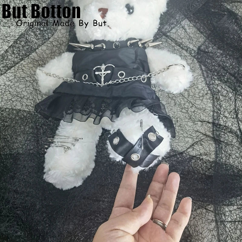 Goth Girl Fan Bearing Soft Plush Teddy Bear Crossbody Handbag With Metal Decorative Accents Goth Dress And Chain Strap