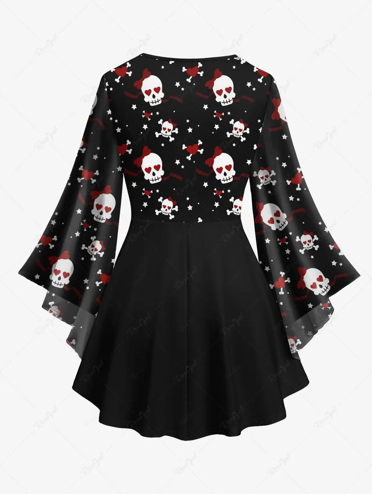 Valentine's Day New Skull Skeleton Heart Ribbon Stars Print Flare Sleeve Top Or Flare Pants Daily Casual Festival Matching Set