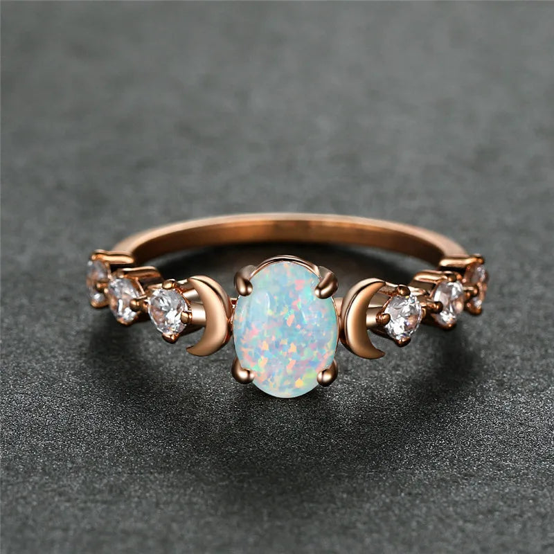 Women's Fashion Moon Ring with Opal Stone - Rose Gold and Silver Color Engagement Wedding Jewelry