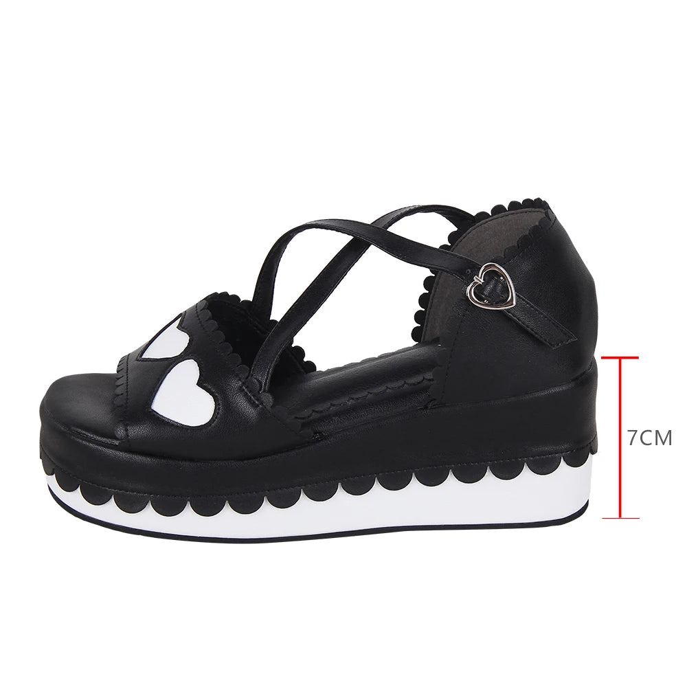 Women and Girls Lolita Punk Rock Black and White Sandals - 7cm Platform Shoes with Heart Accents