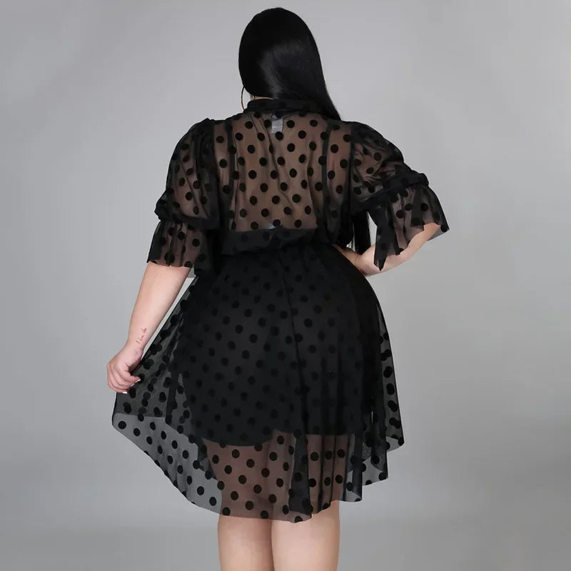 KEXU Dot Mesh Sheer Club Dress - Plus Size Black Ruffles Sexy Bodycon Night Party Dress