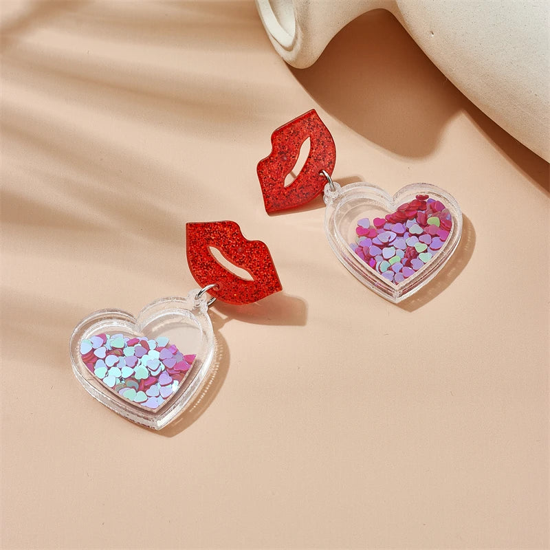 Cartoon Red Lips Heart Love Dangle Earrings - Fashion New Acrylic Jewelry for Women Girl, Valentine's Day Gift Party by YAOLOGE