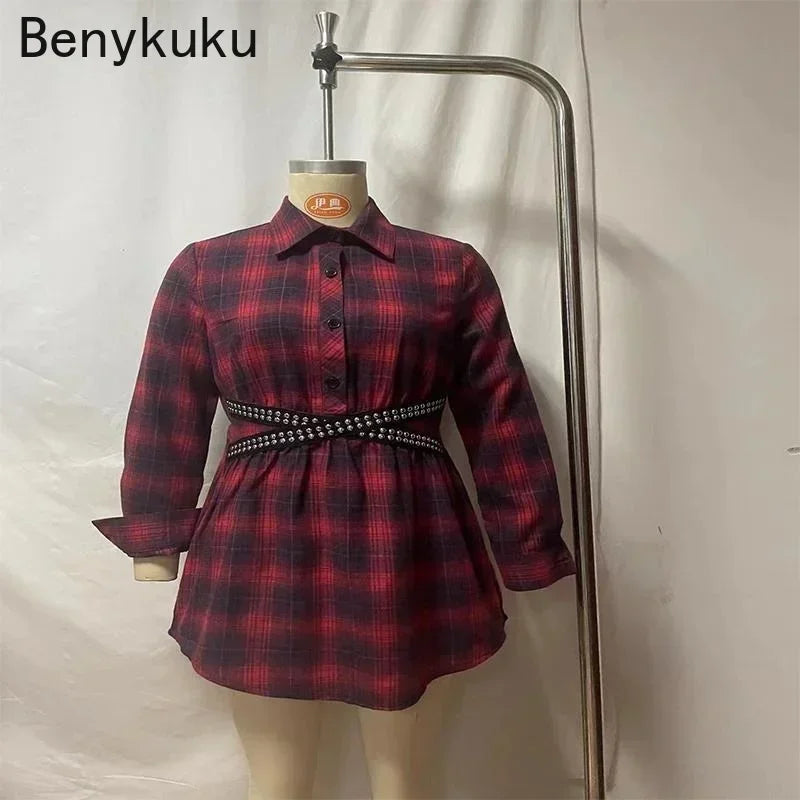 Turn Down Collar Vintage Red Plaid Shirt Dress – 2024 Spring Autumn Women’s Gothic Long Sleeve Belted Mini Dress, Casual Robe Style