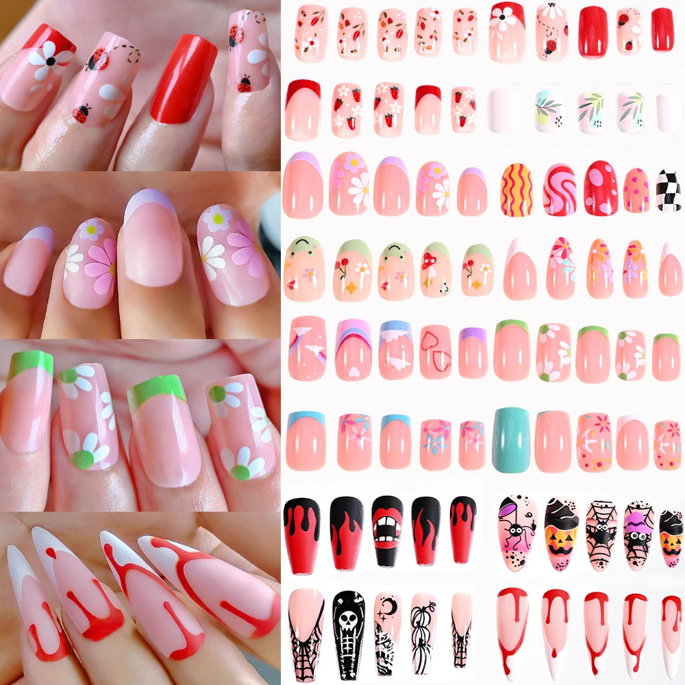 96Pcs Halloween Horror Press-On Nails – Flame Design Medium Coffin Matte Red Full Cover Acrylic Fake Nail Tips