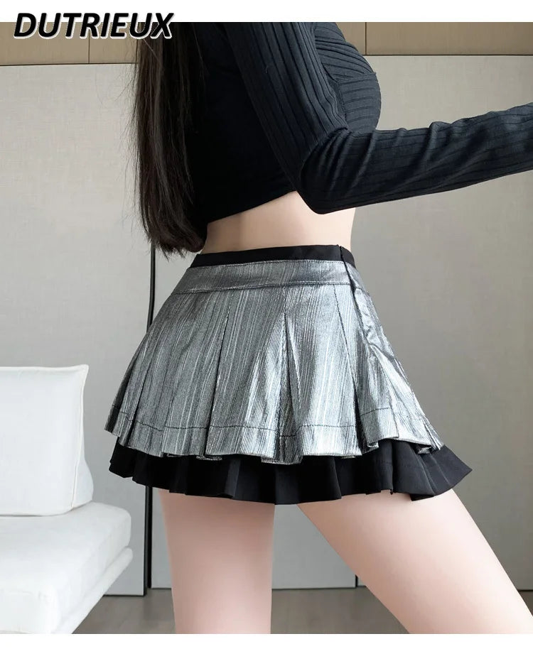 American Style Hot Girl Silver High-Grade Pleated Short Skirt Women's Summer Fake Two-Piece Sweet Y2k A- Line Mini Skirt