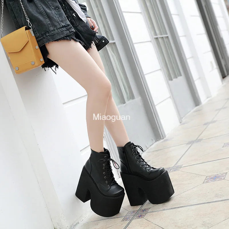 Fashion Chunky Heel Motorcycle Boots for Women - 17cm Platform Ankle Boots, Punk Cosplay, Thick Sole, Goth Girls Shoes