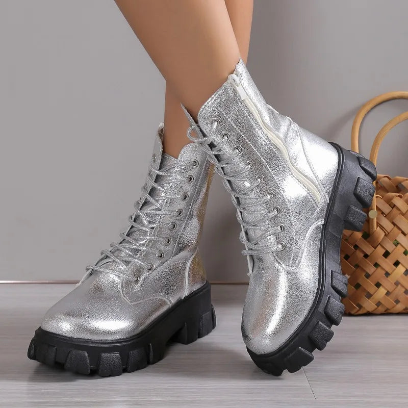 Women's Gothic Ankle Boots | Silver, Black, Gold Thick Sole Motorcycle Boots | Luxury Metallic Punk Shoes