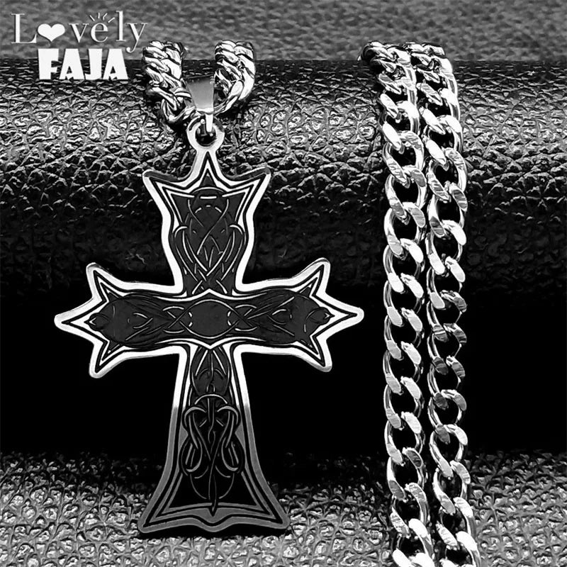 Goth Retro Cross Pendant Necklace for Men Women - Antique Stainless Steel Black Enamel Vintage Religious Jewelry Gifts