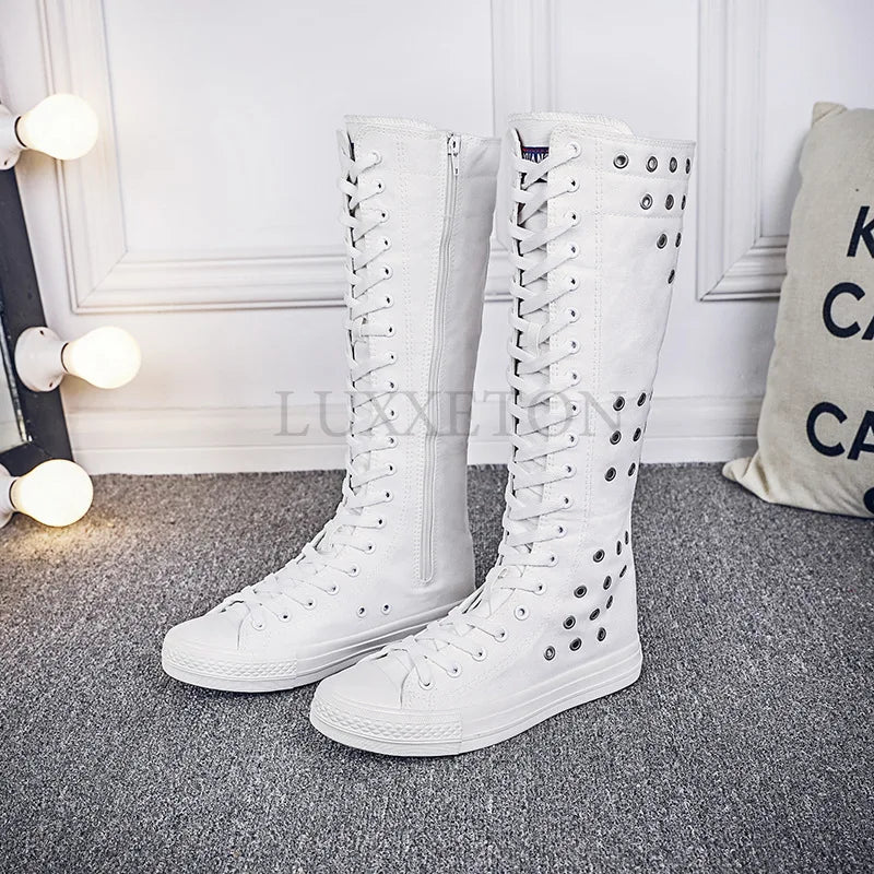 Women’s Canvas Casual High Top Sneakers - Lace-Up Zipper Comfortable Flat Boots